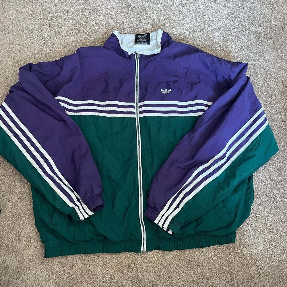 Vintage 90s Adidas Color Block Nylon Full Zip Track Jacket Purple Green XL